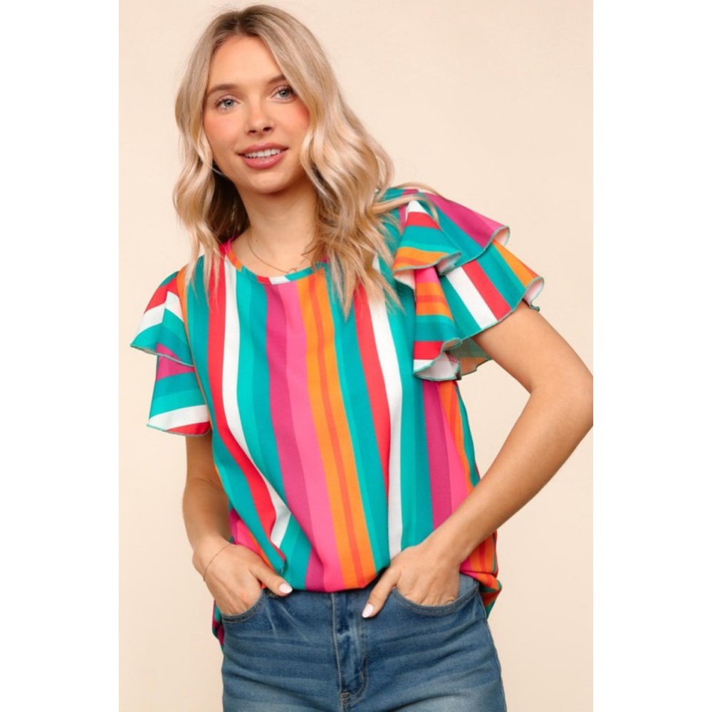 NEW! Multi Color Vertical Stripe Ruffle Sleeve Woven Top